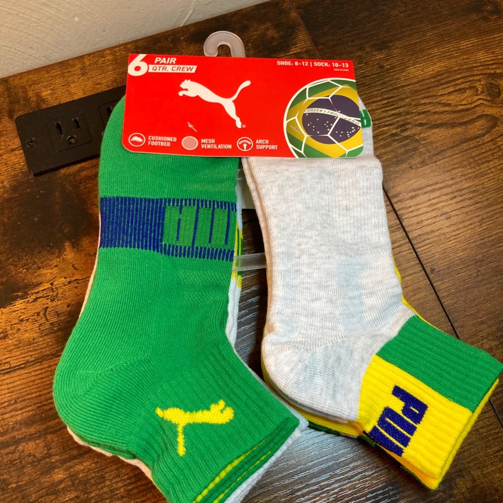 Puma World Cup Socks Selecao Brasil Futebol Mens 8-13 Quarter Crew 6 Pair 2026